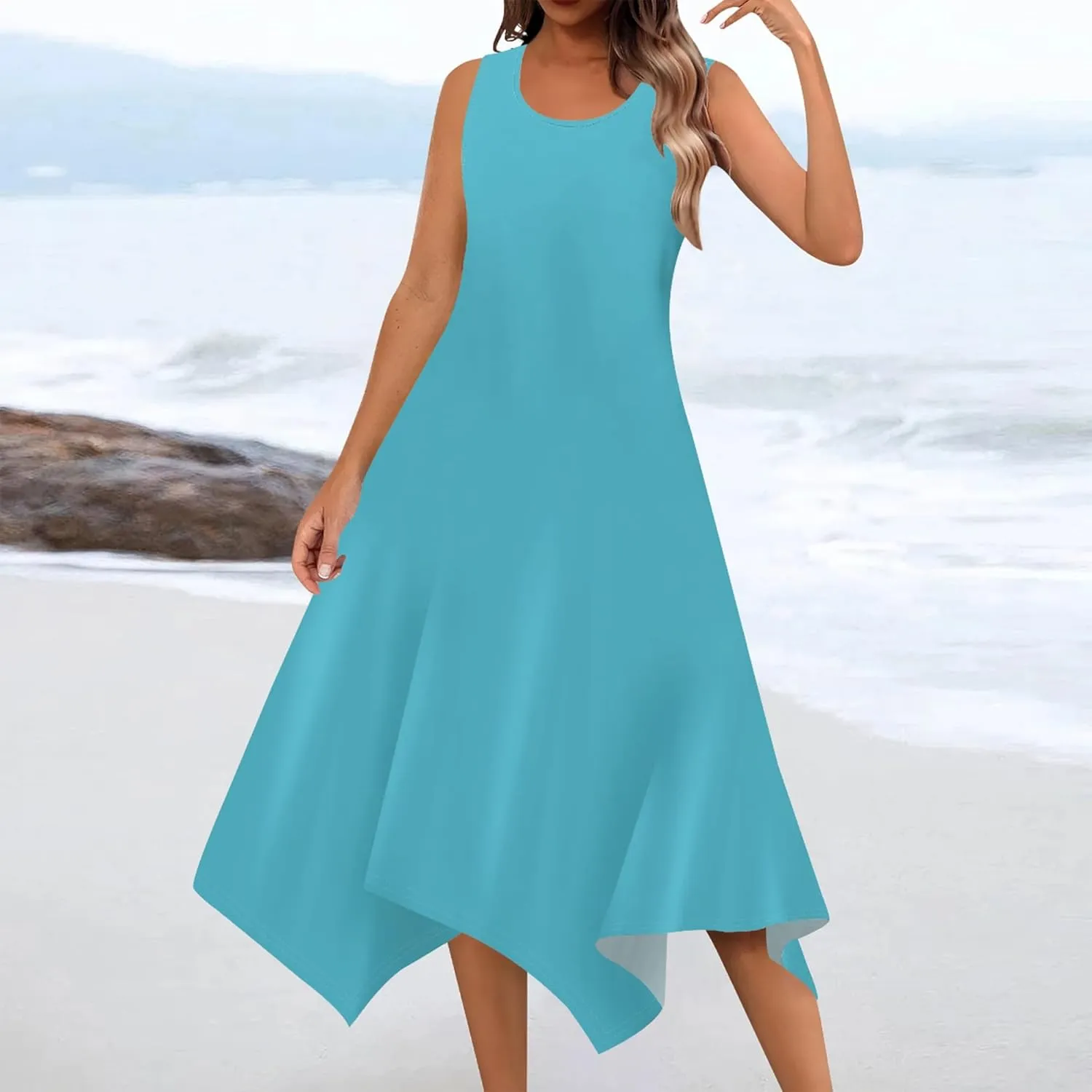 Women Casual Solid Color Summer Dress Sleeveless Pleated T Shirt Boho Beach Sundress Hankerchief Hem Swing Tank Midi Dresses