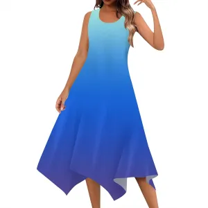 Women Casual Solid Color Summer Dress Sleeveless Pleated T Shirt Boho Beach Sundress Hankerchief Hem Swing Tank Midi Dresses