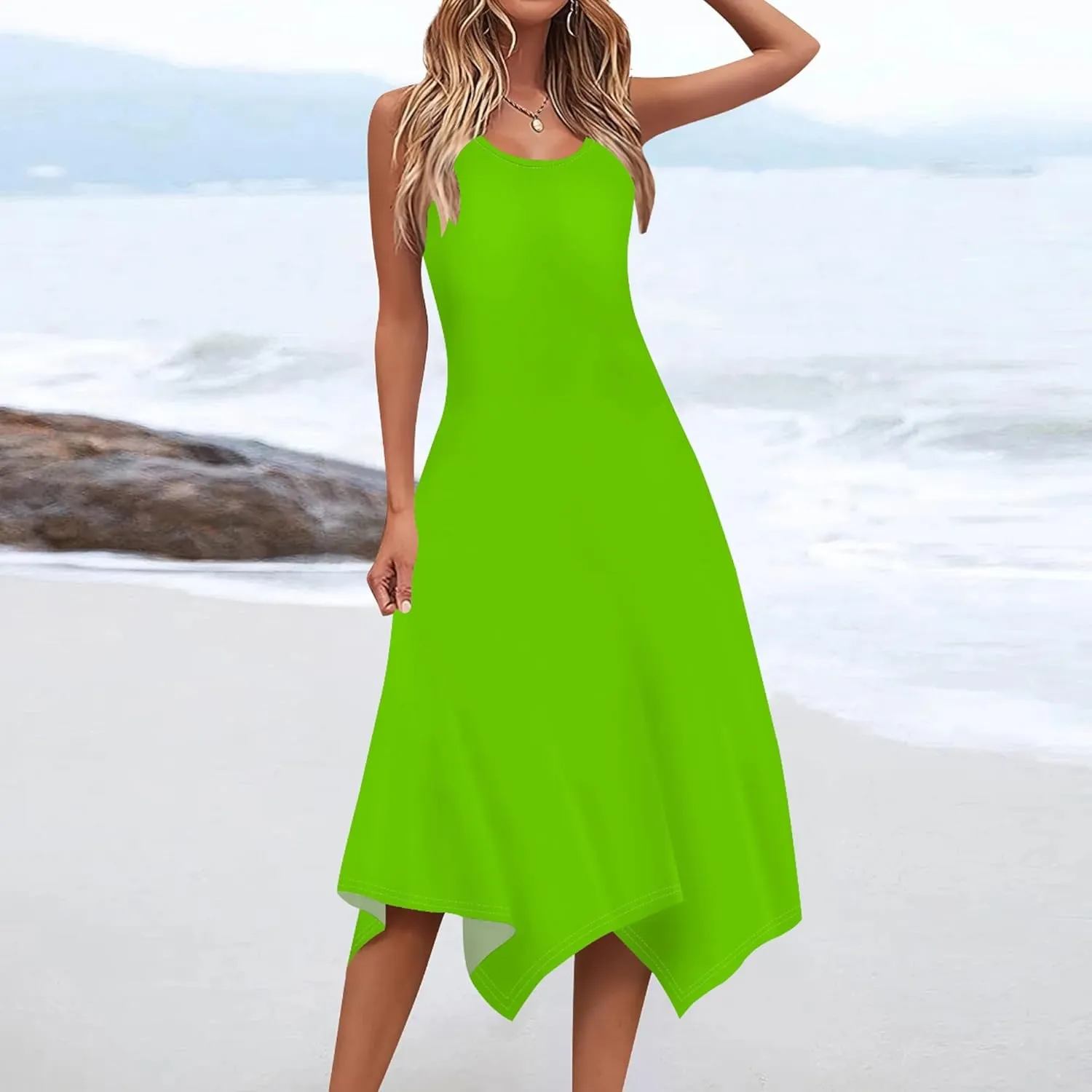 Women Casual Solid Color Summer Dress Sleeveless Pleated T Shirt Boho Beach Sundress Hankerchief Hem Swing Tank Midi Dresses