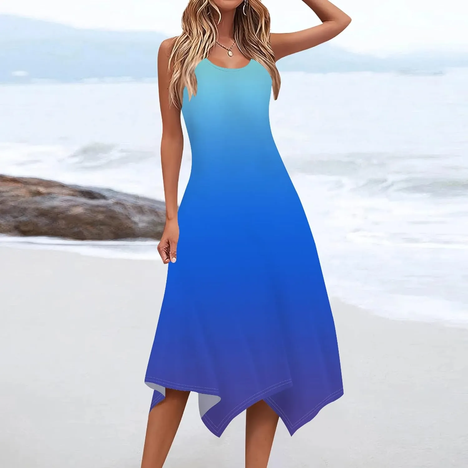 Women Casual Solid Color Summer Dress Sleeveless Pleated T Shirt Boho Beach Sundress Hankerchief Hem Swing Tank Midi Dresses