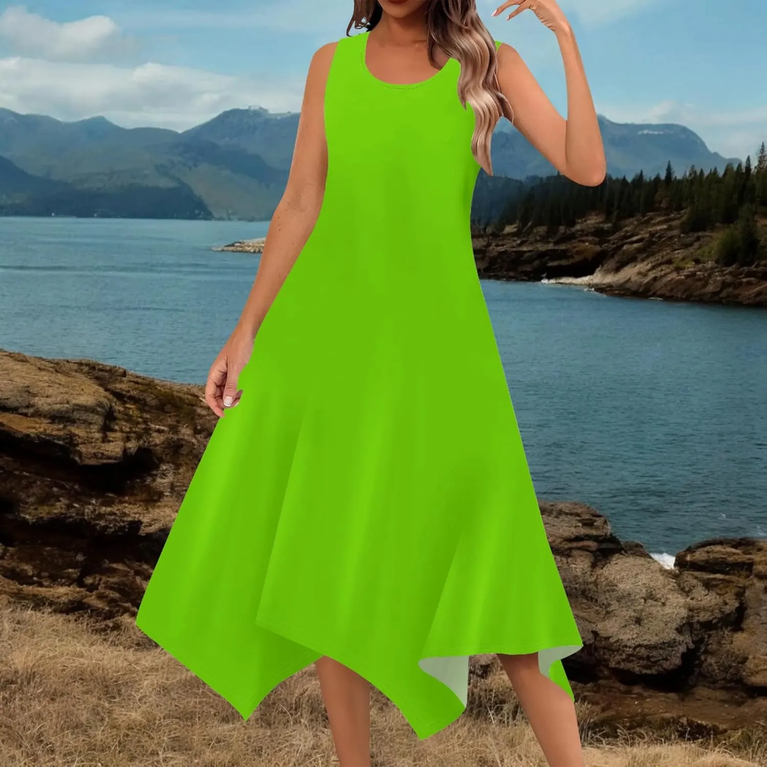 Women Casual Solid Color Summer Dress Sleeveless Pleated T Shirt Boho Beach Sundress Hankerchief Hem Swing Tank Midi Dresses