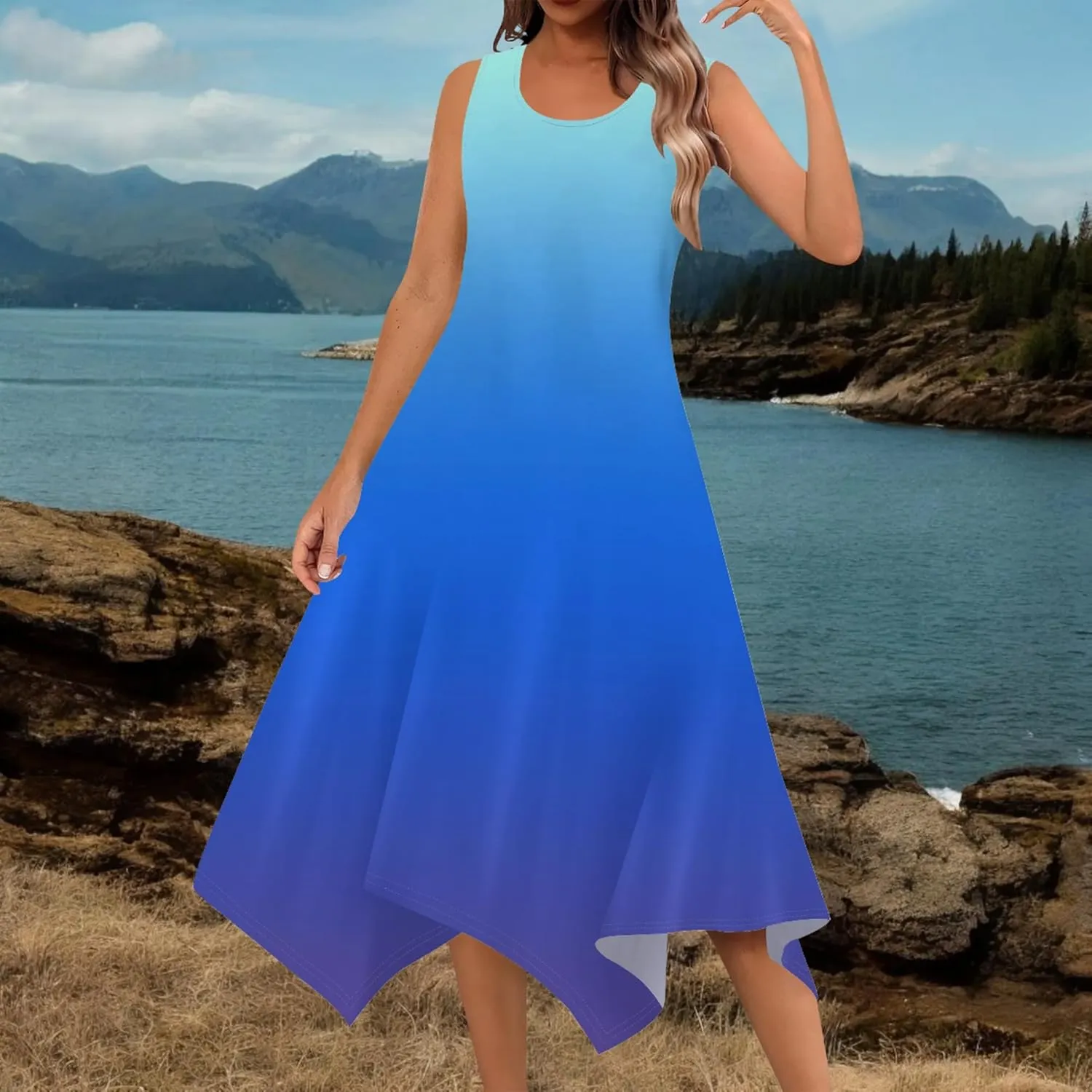 Women Casual Solid Color Summer Dress Sleeveless Pleated T Shirt Boho Beach Sundress Hankerchief Hem Swing Tank Midi Dresses