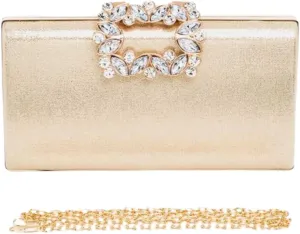 Women Crystal Buckle Metallic Box Clutch Satin Evening Bag Wedding Party Banquet Prom Cocktail Includes Shoulder Chain