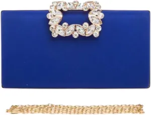 Women Crystal Buckle Metallic Box Clutch Satin Evening Bag Wedding Party Banquet Prom Cocktail Includes Shoulder Chain