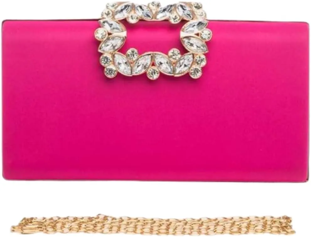 Women Crystal Buckle Metallic Box Clutch Satin Evening Bag Wedding Party Banquet Prom Cocktail Includes Shoulder Chain