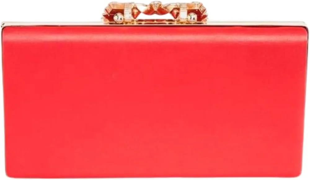 Women Crystal Buckle Metallic Box Clutch Satin Evening Bag Wedding Party Banquet Prom Cocktail Includes Shoulder Chain