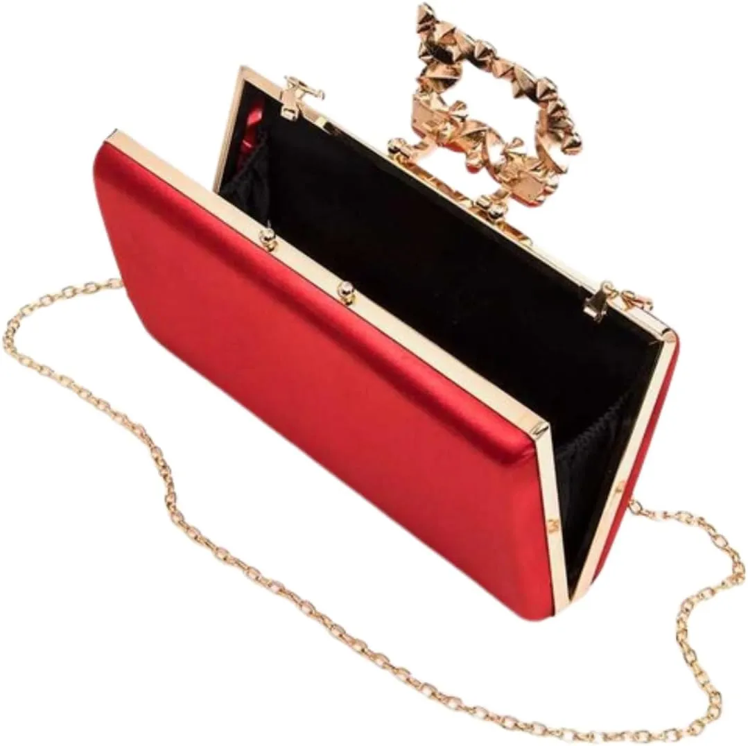 Women Crystal Buckle Metallic Box Clutch Satin Evening Bag Wedding Party Banquet Prom Cocktail Includes Shoulder Chain
