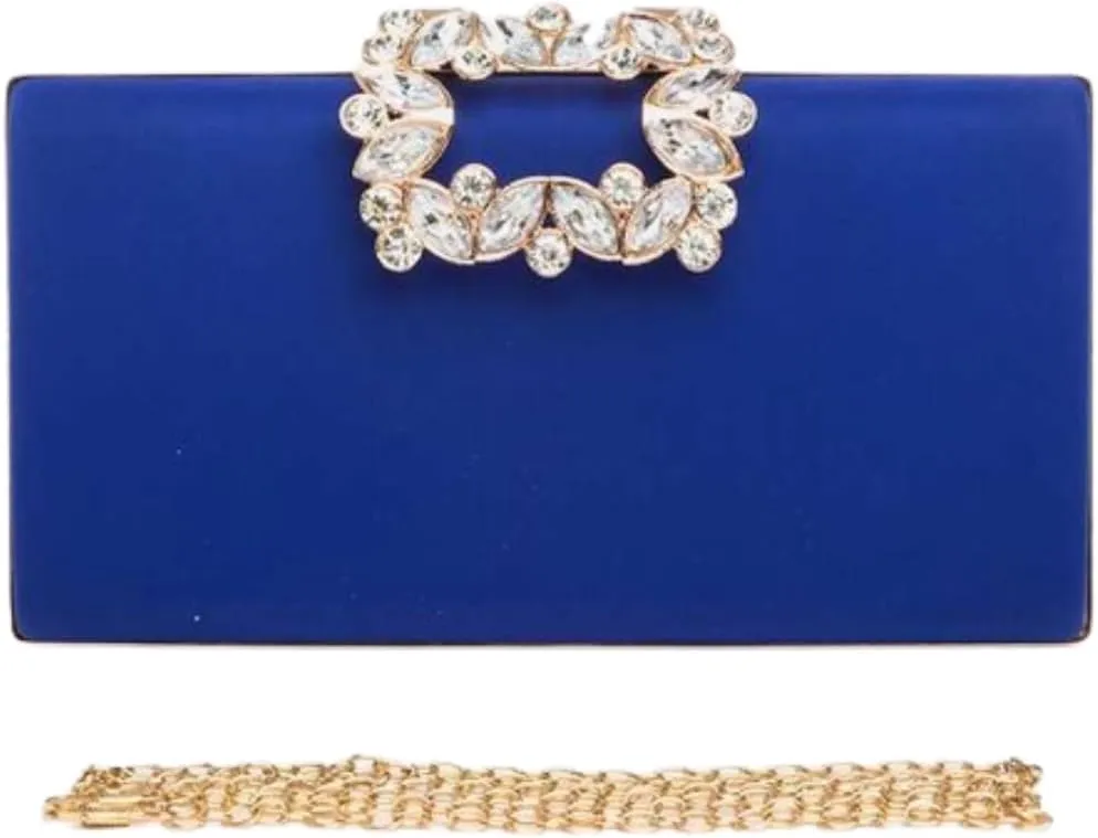 Women Crystal Buckle Metallic Box Clutch Satin Evening Bag Wedding Party Banquet Prom Cocktail Includes Shoulder Chain