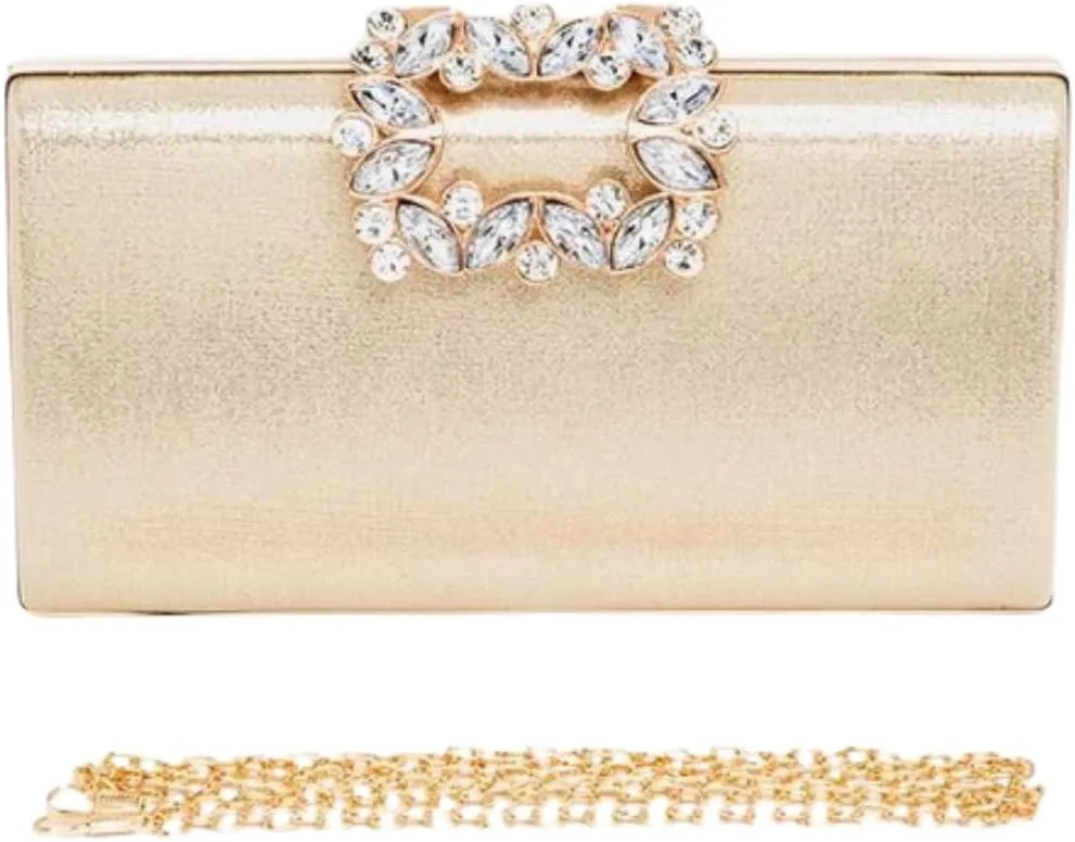 Women Crystal Buckle Metallic Box Clutch Satin Evening Bag Wedding Party Banquet Prom Cocktail Includes Shoulder Chain