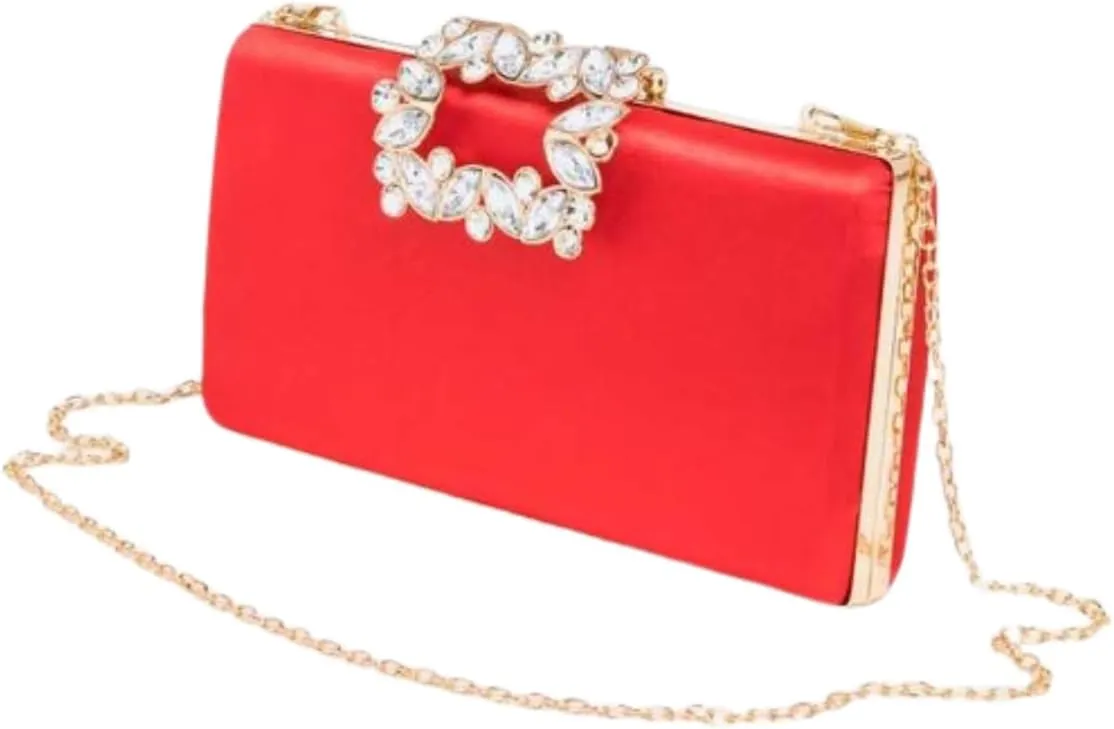 Women Crystal Buckle Metallic Box Clutch Satin Evening Bag Wedding Party Banquet Prom Cocktail Includes Shoulder Chain