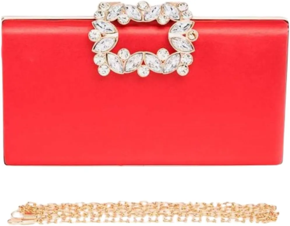 Women Crystal Buckle Metallic Box Clutch Satin Evening Bag Wedding Party Banquet Prom Cocktail Includes Shoulder Chain