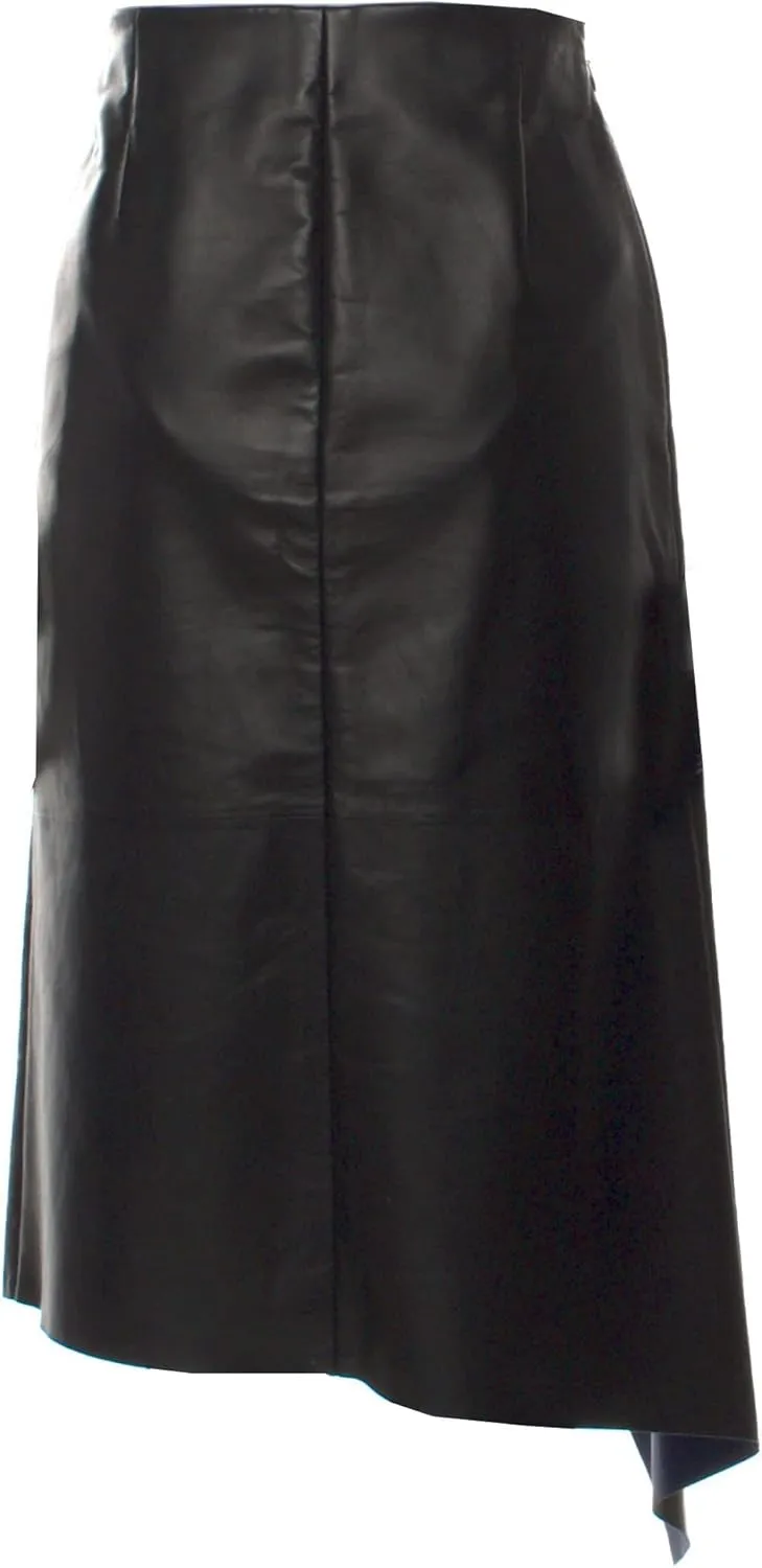 Women Designer Real Leather Midi Pleated Party Wear Black Skirt