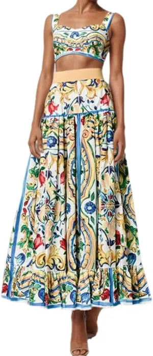 Women Floral Print 2 Piece Sets Summer Strap Crop Top and Pleated FLowy Maxi Skirt Vacation Beach Outfits