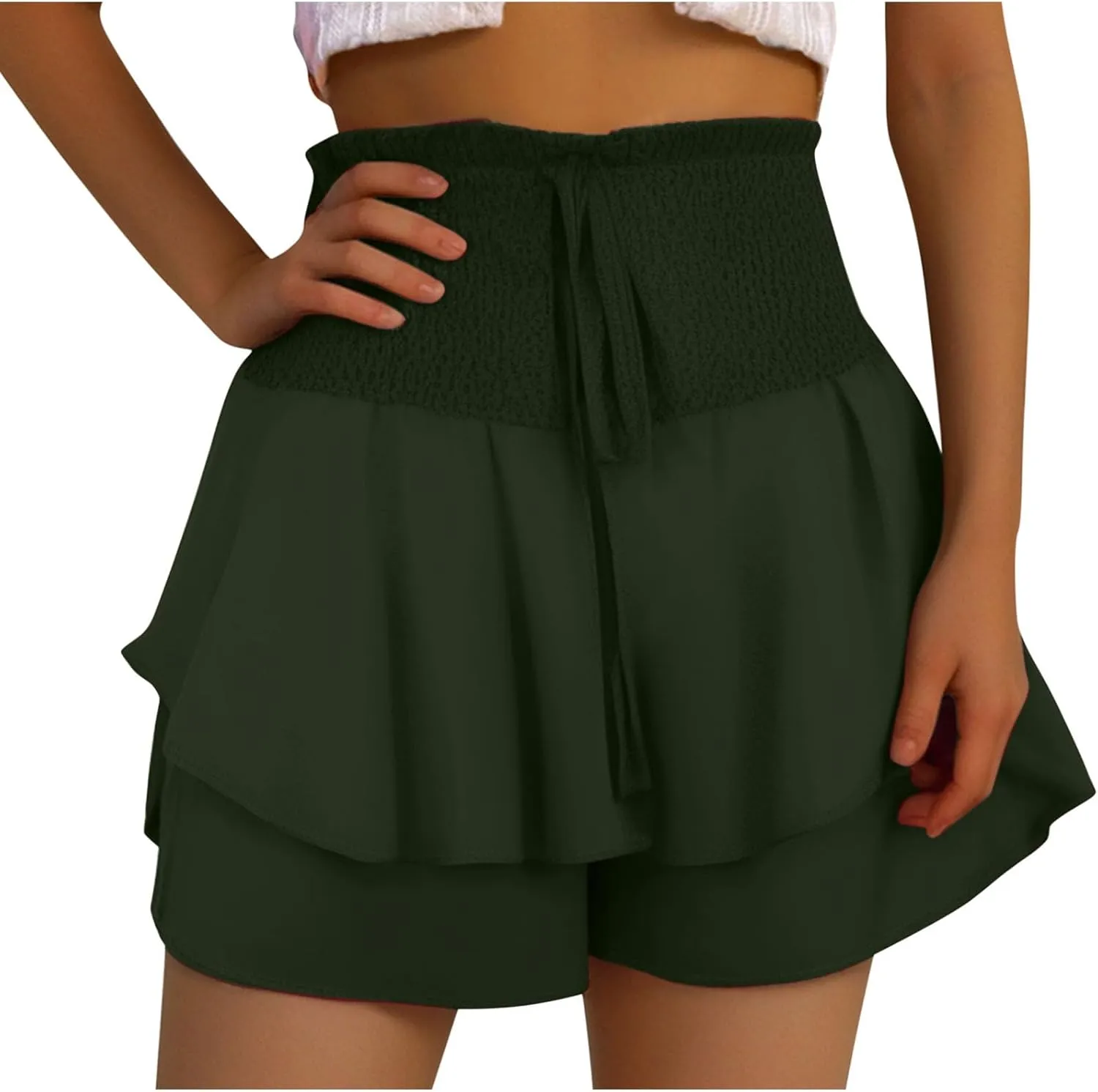 Women Flowy High Waisted Shorts Summer Casual Ruffle Double Layered Hem Skorts Smocked Waist Comfy Lounge Short Pants