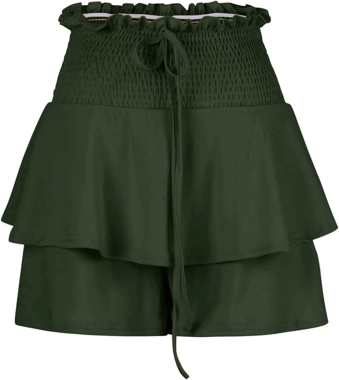 Women Flowy High Waisted Shorts Summer Casual Ruffle Double Layered Hem Skorts Smocked Waist Comfy Lounge Short Pants