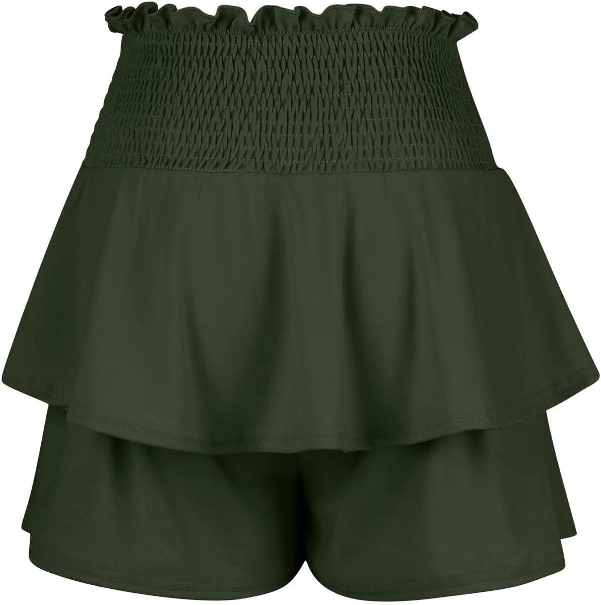 Women Flowy High Waisted Shorts Summer Casual Ruffle Double Layered Hem Skorts Smocked Waist Comfy Lounge Short Pants