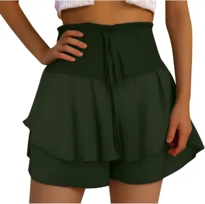 Women Flowy High Waisted Shorts Summer Casual Ruffle Double Layered Hem Skorts Smocked Waist Comfy Lounge Short Pants