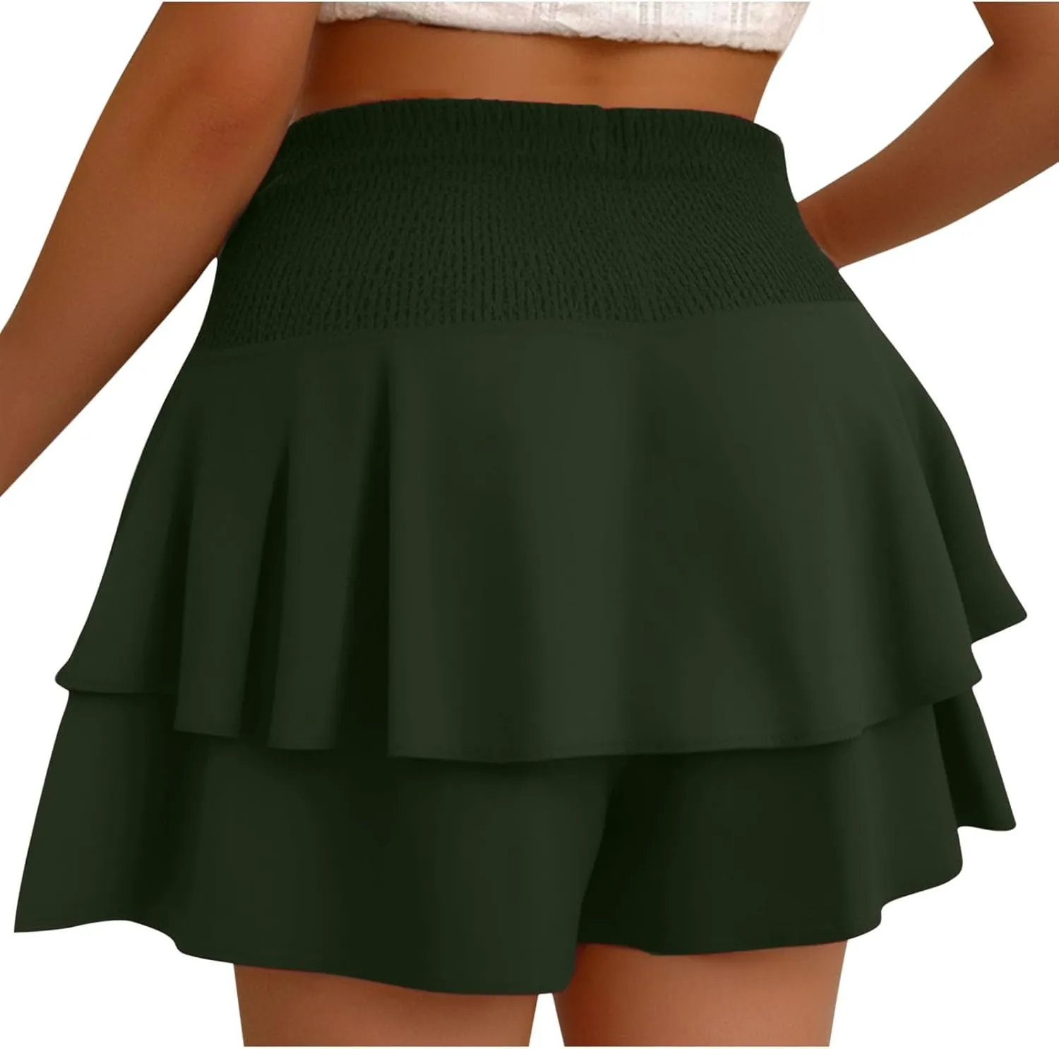 Women Flowy High Waisted Shorts Summer Casual Ruffle Double Layered Hem Skorts Smocked Waist Comfy Lounge Short Pants