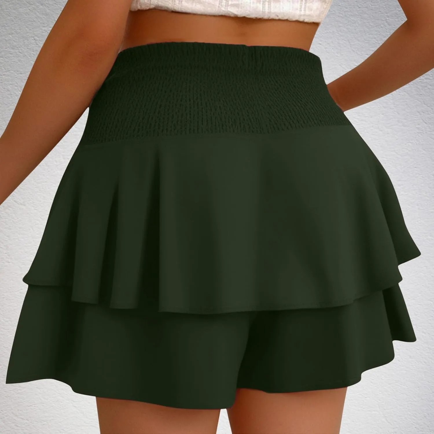 Women Flowy High Waisted Shorts Summer Casual Ruffle Double Layered Hem Skorts Smocked Waist Comfy Lounge Short Pants