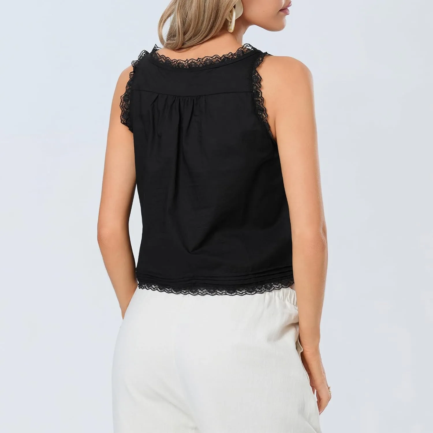 Women Lace Trim Vest Tank Tops Semi Sheer Tie Button Front Crop Y2K Going Out Tops Cute Summer Cami Shirt