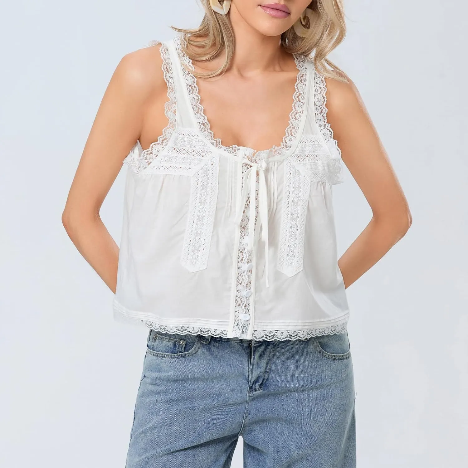 Women Lace Trim Vest Tank Tops Semi Sheer Tie Button Front Crop Y2K Going Out Tops Cute Summer Cami Shirt