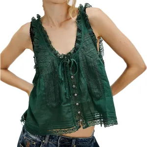 Women Lace Trim Vest Tank Tops Semi Sheer Tie Button Front Crop Y2K Going Out Tops Cute Summer Cami Shirt