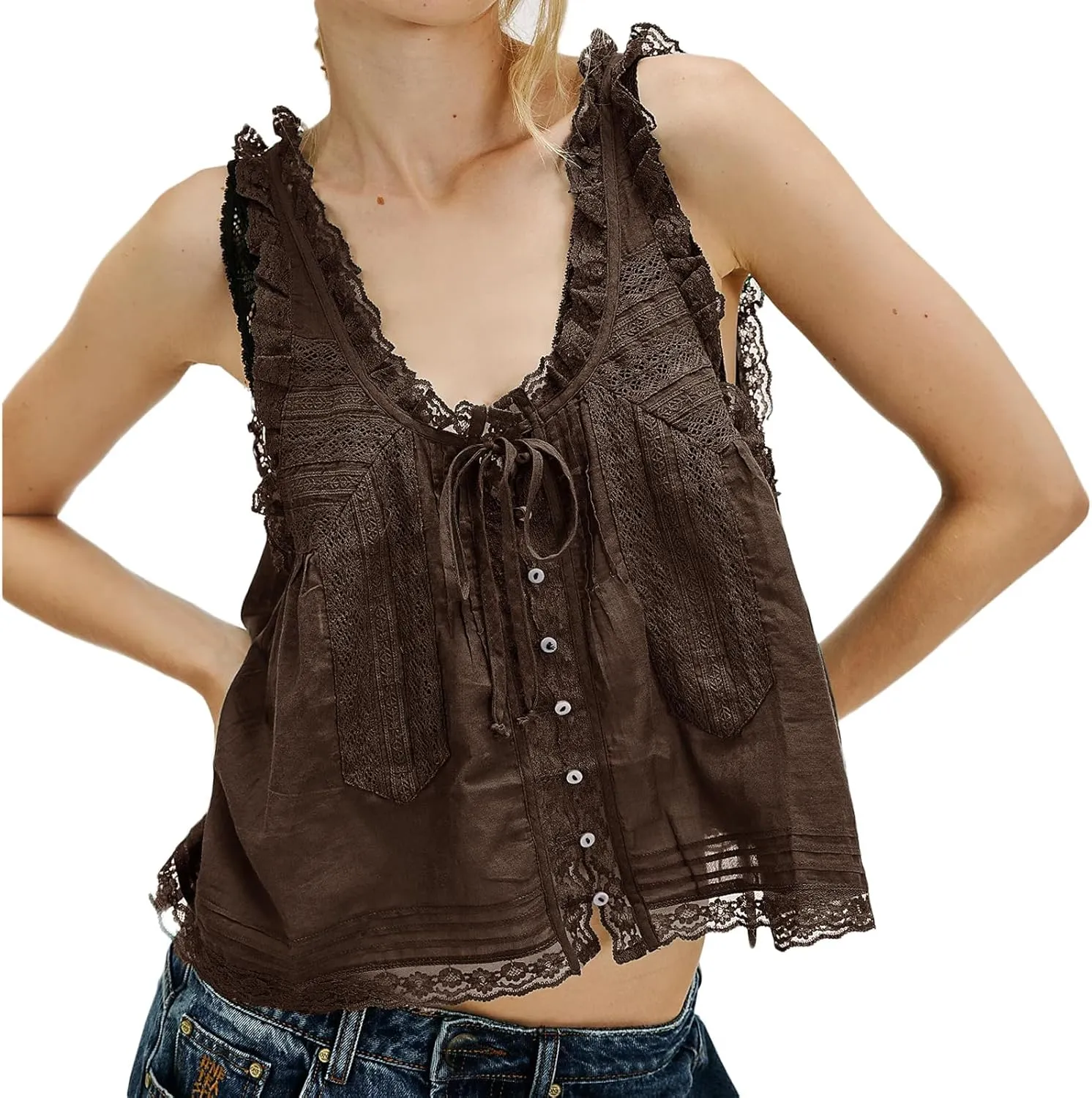 Women Lace Trim Vest Tank Tops Semi Sheer Tie Button Front Crop Y2K Going Out Tops Cute Summer Cami Shirt