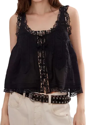Women Lace Trim Vest Tank Tops Semi Sheer Tie Button Front Crop Y2K Going Out Tops Cute Summer Cami Shirt