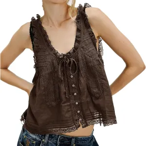 Women Lace Trim Vest Tank Tops Semi Sheer Tie Button Front Crop Y2K Going Out Tops Cute Summer Cami Shirt