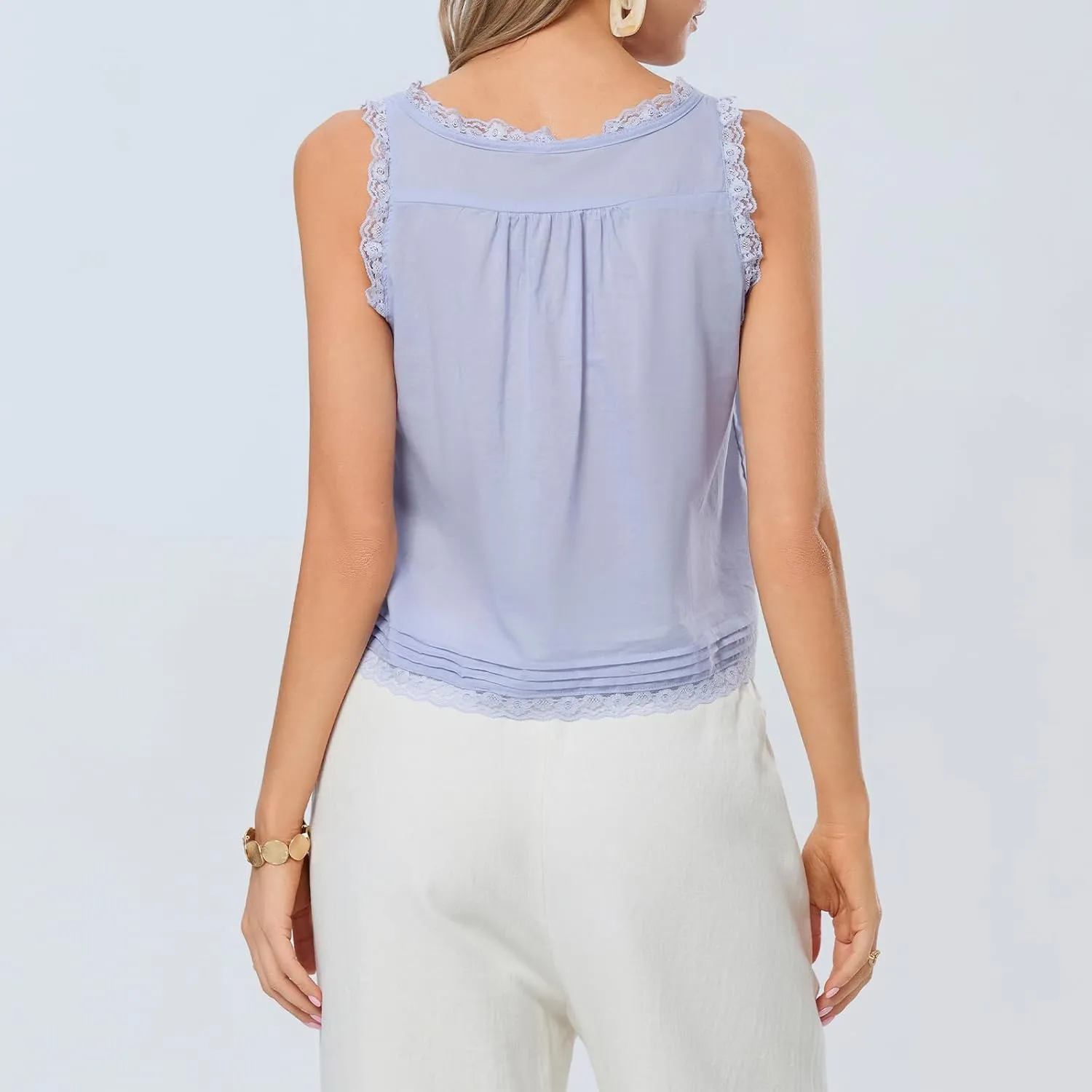 Women Lace Trim Vest Tank Tops Semi Sheer Tie Button Front Crop Y2K Going Out Tops Cute Summer Cami Shirt