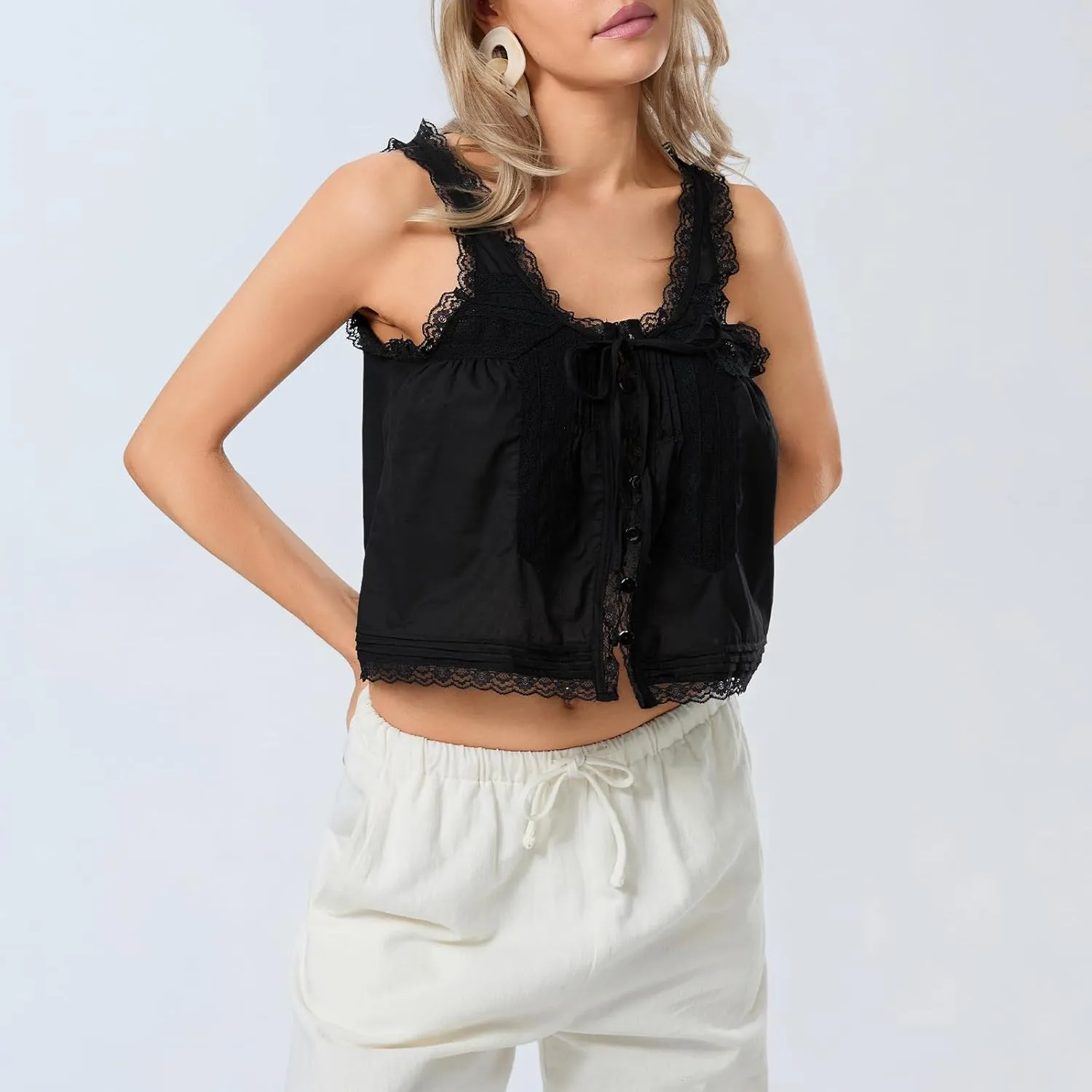 Women Lace Trim Vest Tank Tops Semi Sheer Tie Button Front Crop Y2K Going Out Tops Cute Summer Cami Shirt