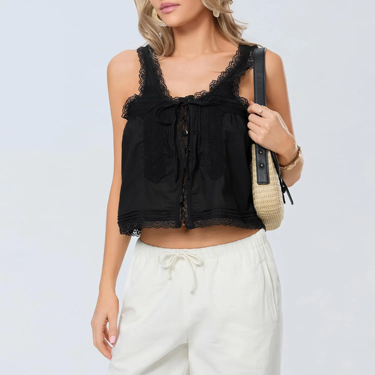 Women Lace Trim Vest Tank Tops Semi Sheer Tie Button Front Crop Y2K Going Out Tops Cute Summer Cami Shirt