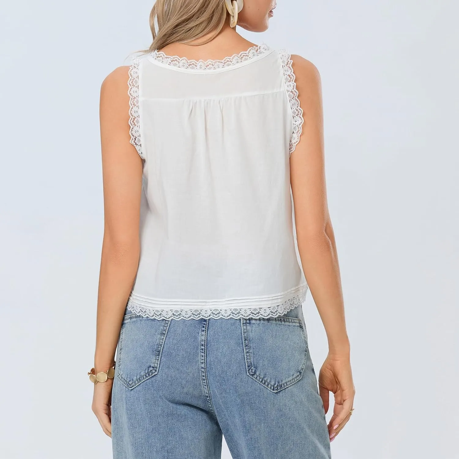 Women Lace Trim Vest Tank Tops Semi Sheer Tie Button Front Crop Y2K Going Out Tops Cute Summer Cami Shirt