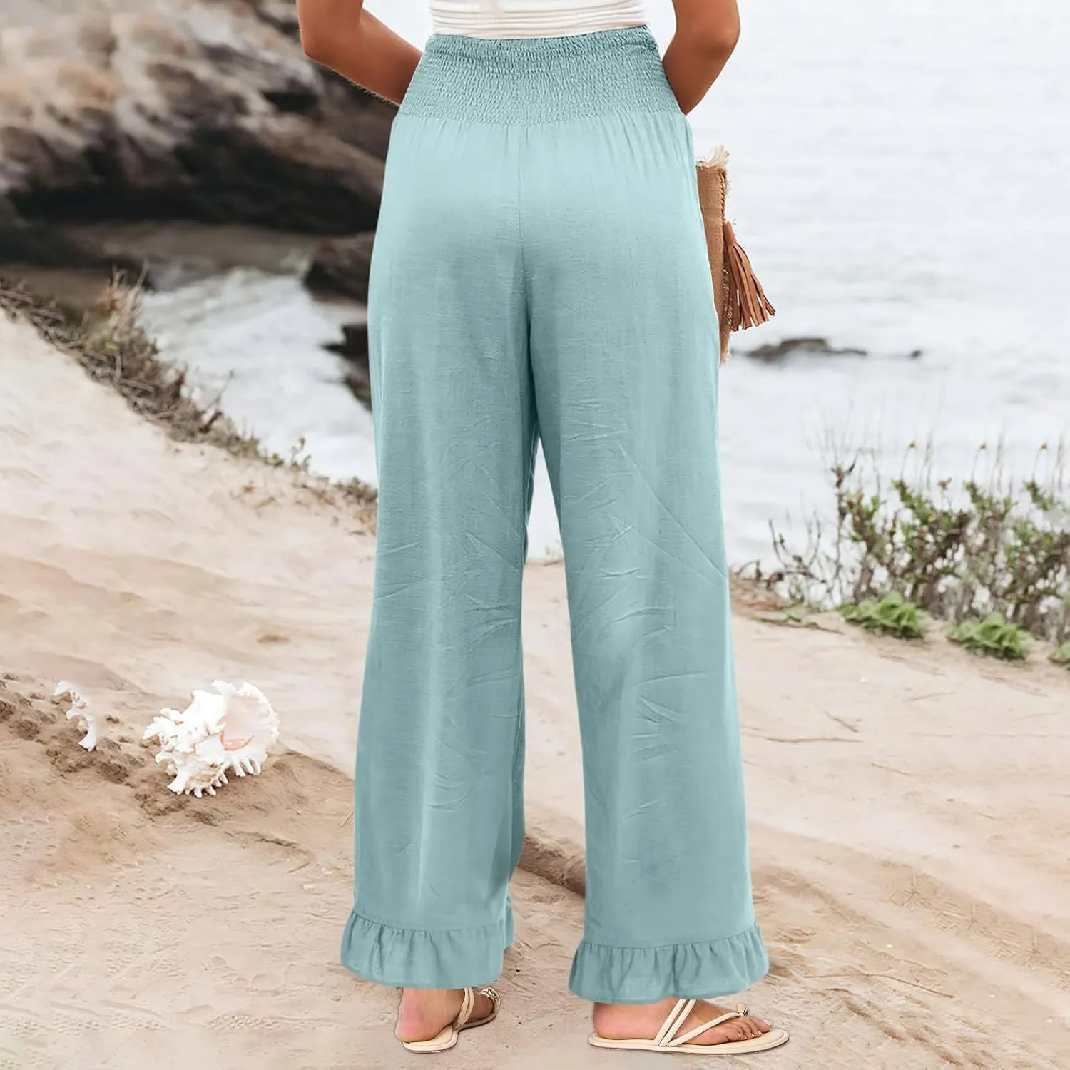 Women Linen Pants Summer Ruffle Wide Leg Pants Smocked Waist Palazzo Pant Boho Flowy Beach Pant with Pockets