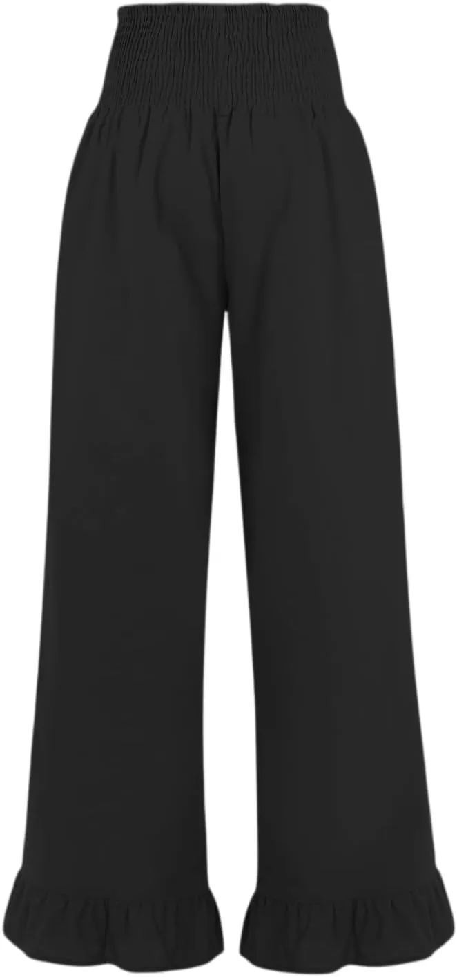 Women Linen Pants Summer Ruffle Wide Leg Pants Smocked Waist Palazzo Pant Boho Flowy Beach Pant with Pockets