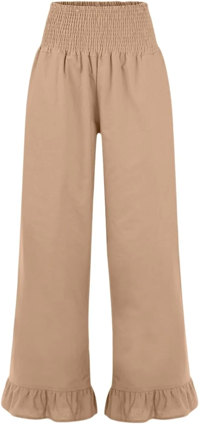 Women Linen Pants Summer Ruffle Wide Leg Pants Smocked Waist Palazzo Pant Boho Flowy Beach Pant with Pockets