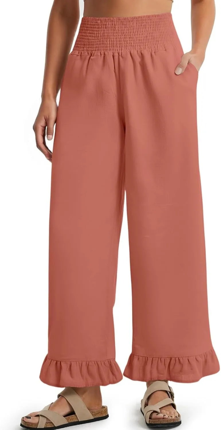 Women Linen Pants Summer Ruffle Wide Leg Pants Smocked Waist Palazzo Pant Boho Flowy Beach Pant with Pockets
