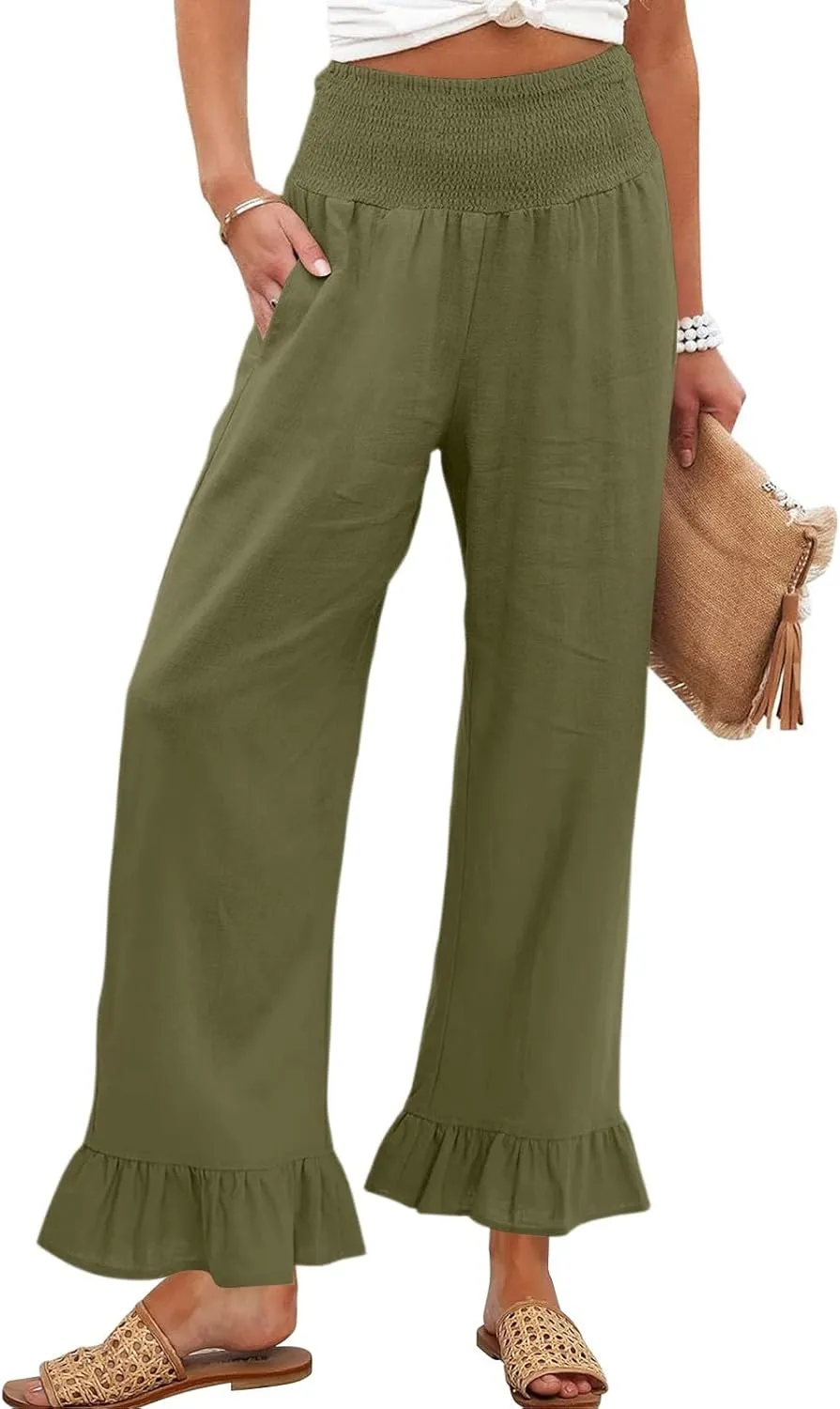Women Linen Pants Summer Ruffle Wide Leg Pants Smocked Waist Palazzo Pant Boho Flowy Beach Pant with Pockets