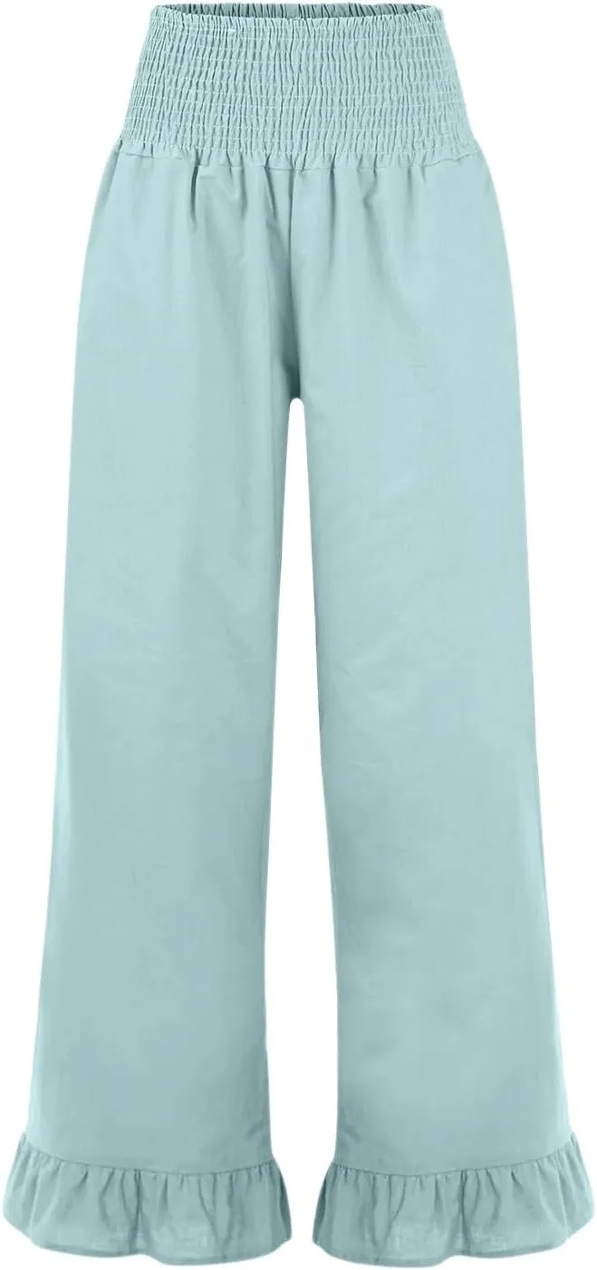 Women Linen Pants Summer Ruffle Wide Leg Pants Smocked Waist Palazzo Pant Boho Flowy Beach Pant with Pockets
