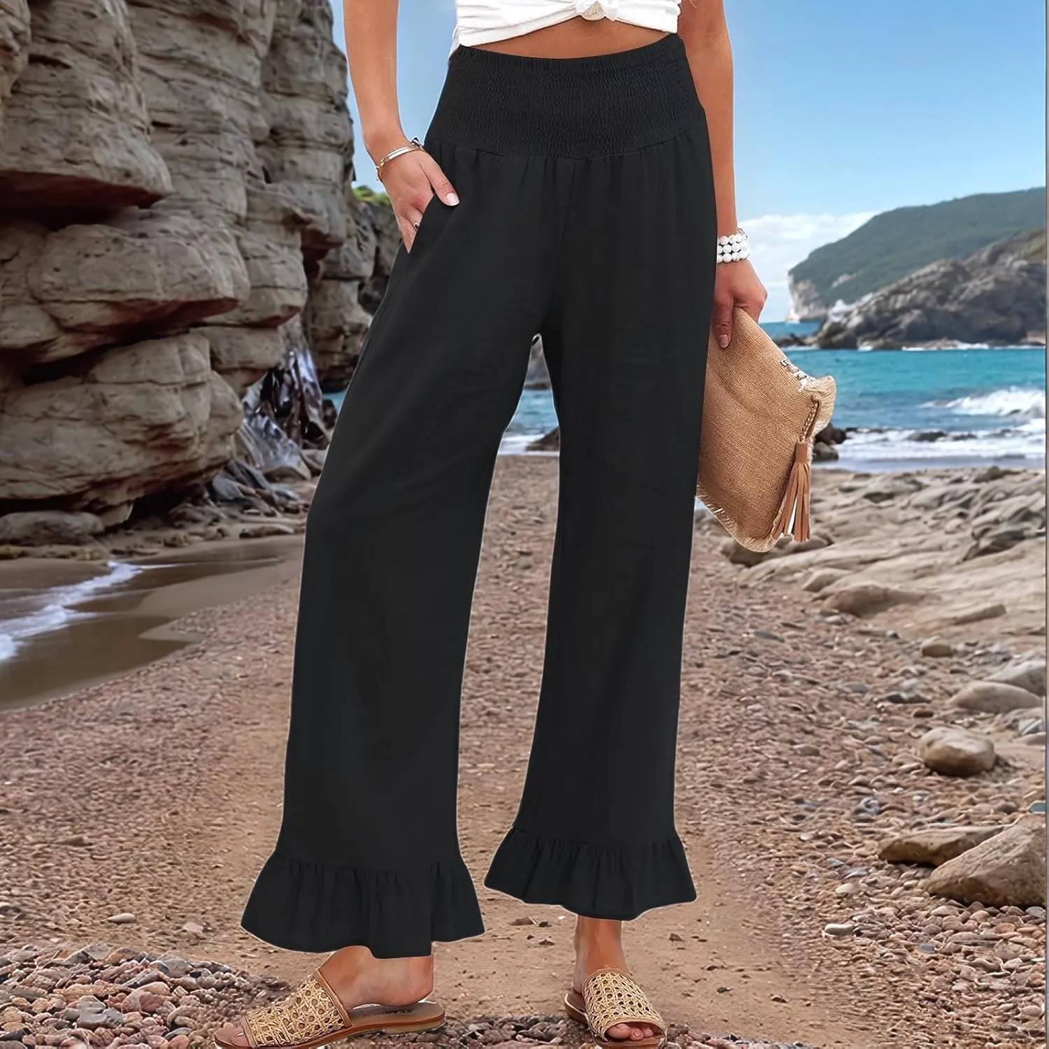 Women Linen Pants Summer Ruffle Wide Leg Pants Smocked Waist Palazzo Pant Boho Flowy Beach Pant with Pockets