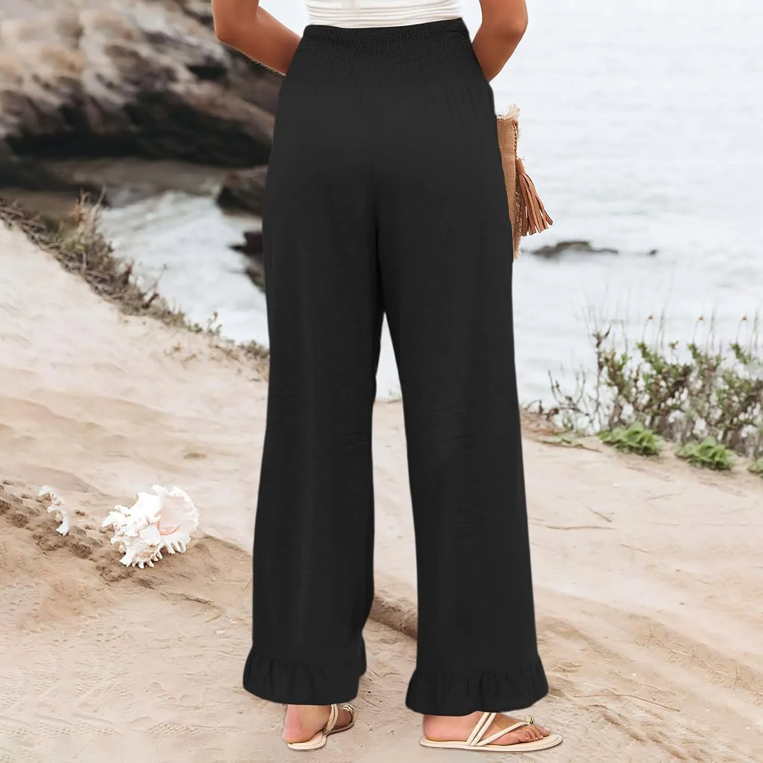 Women Linen Pants Summer Ruffle Wide Leg Pants Smocked Waist Palazzo Pant Boho Flowy Beach Pant with Pockets