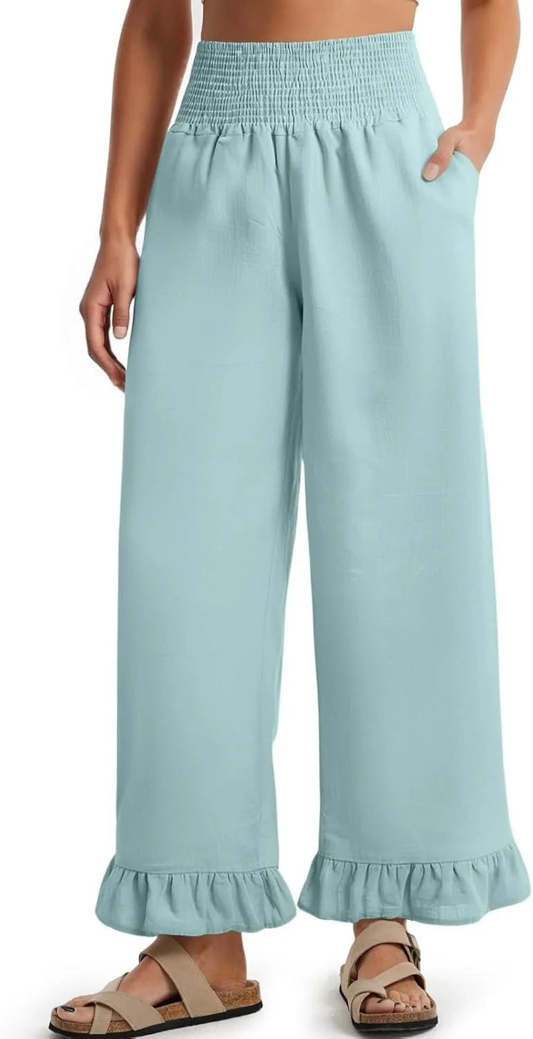 Women Linen Pants Summer Ruffle Wide Leg Pants Smocked Waist Palazzo Pant Boho Flowy Beach Pant with Pockets
