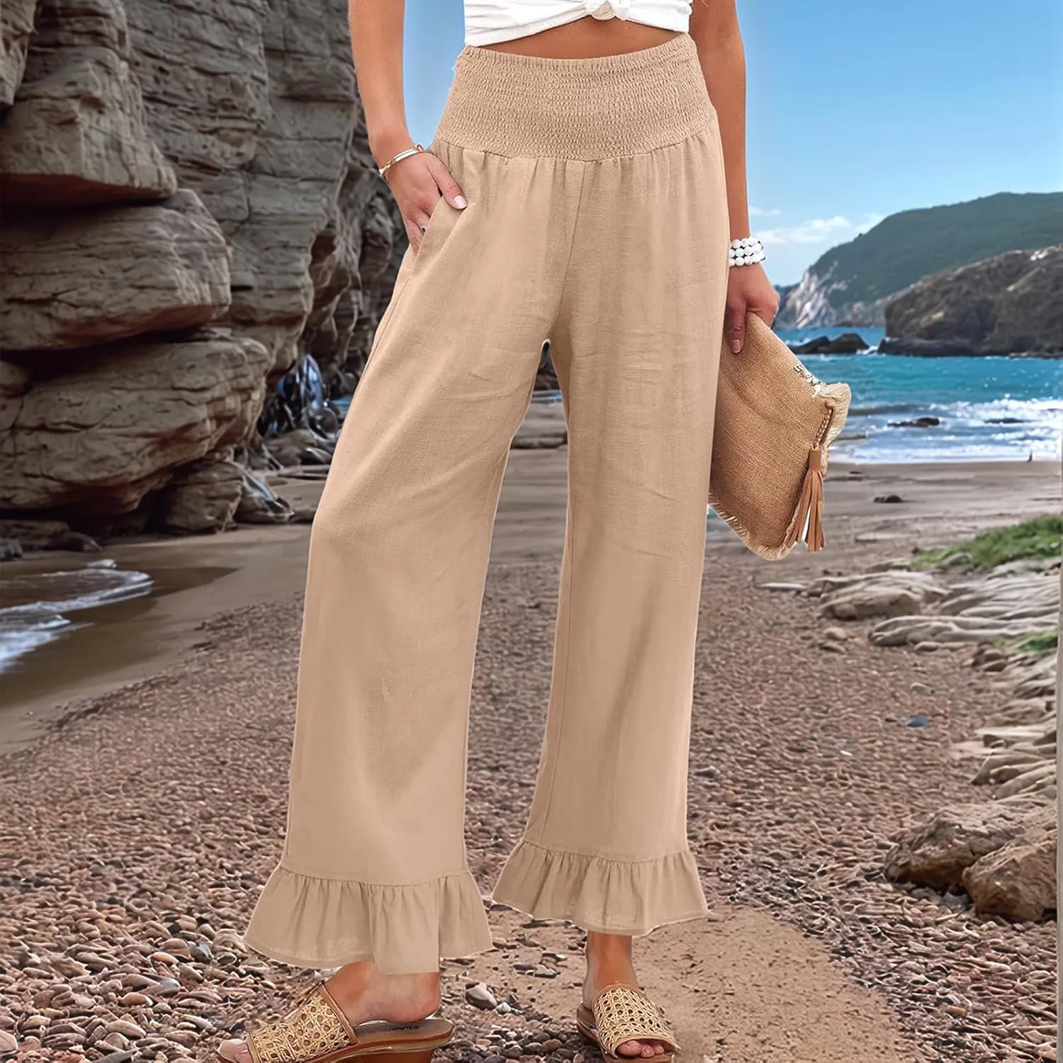 Women Linen Pants Summer Ruffle Wide Leg Pants Smocked Waist Palazzo Pant Boho Flowy Beach Pant with Pockets