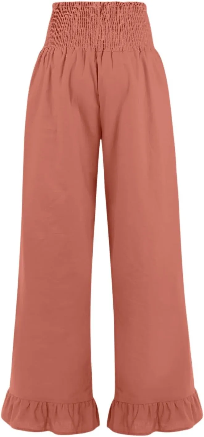Women Linen Pants Summer Ruffle Wide Leg Pants Smocked Waist Palazzo Pant Boho Flowy Beach Pant with Pockets