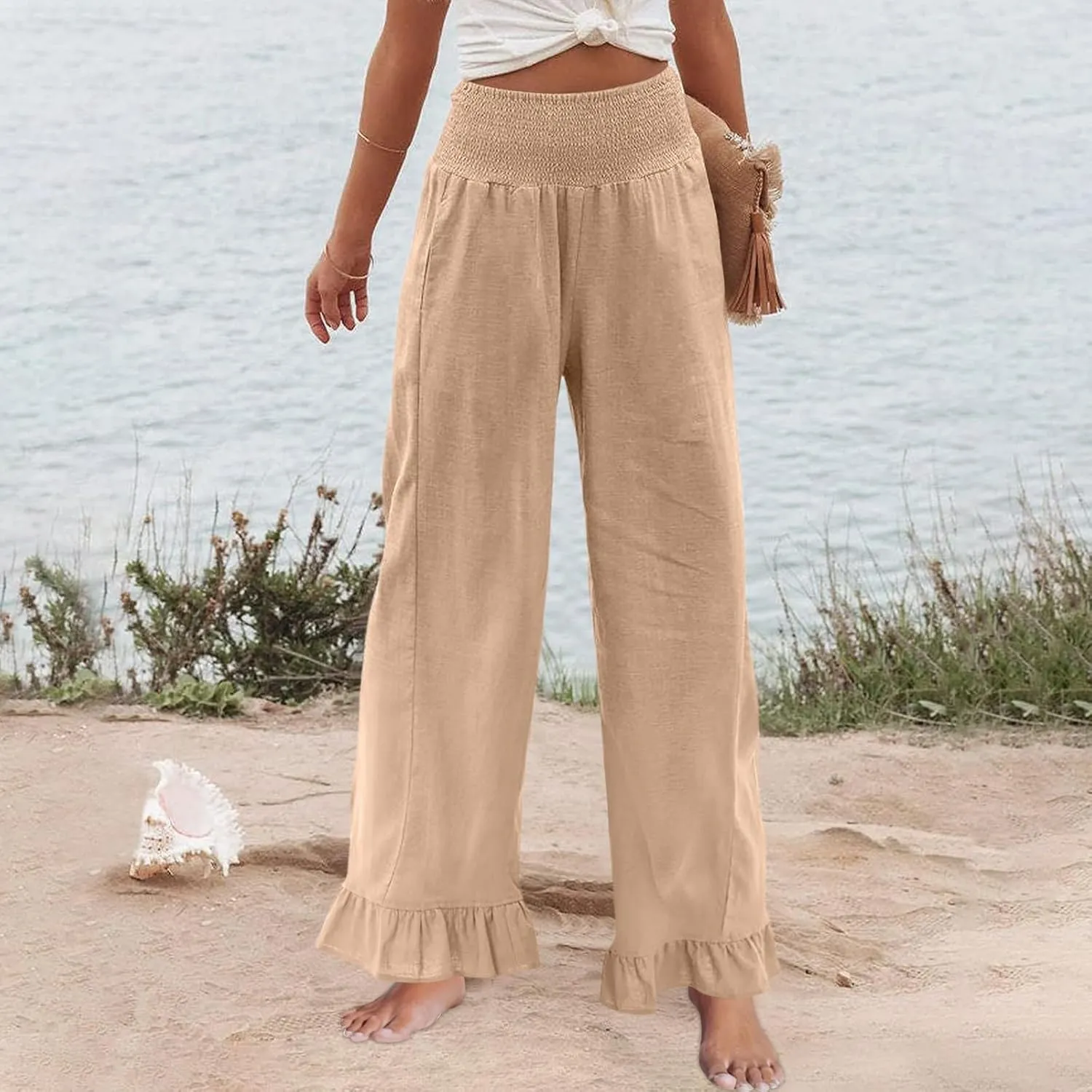 Women Linen Pants Summer Ruffle Wide Leg Pants Smocked Waist Palazzo Pant Boho Flowy Beach Pant with Pockets