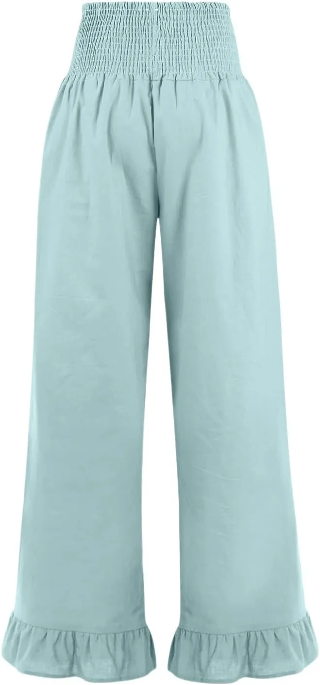 Women Linen Pants Summer Ruffle Wide Leg Pants Smocked Waist Palazzo Pant Boho Flowy Beach Pant with Pockets