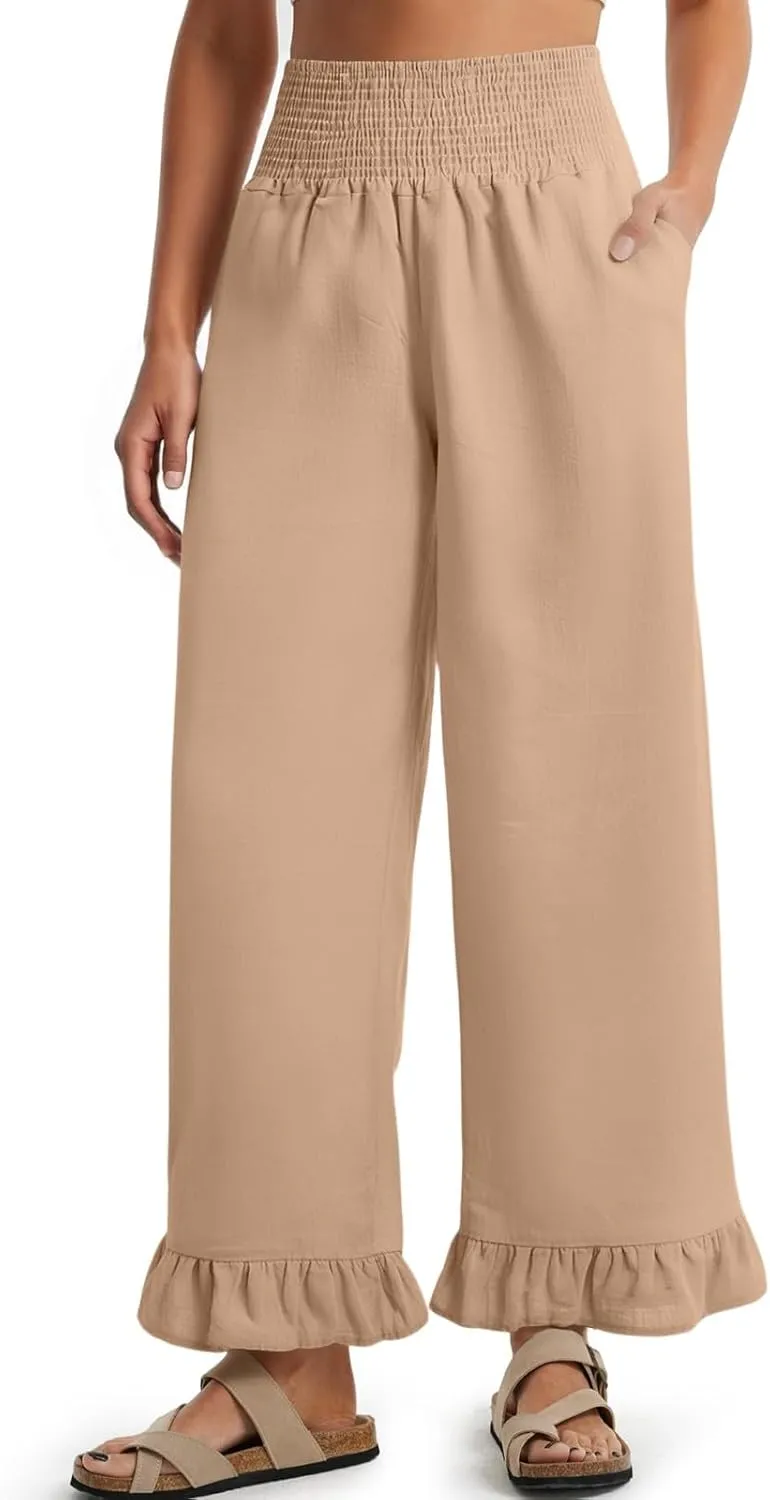 Women Linen Pants Summer Ruffle Wide Leg Pants Smocked Waist Palazzo Pant Boho Flowy Beach Pant with Pockets