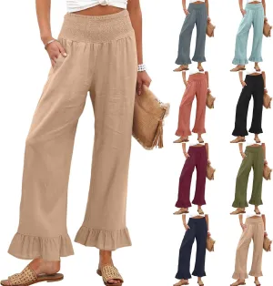 Women Linen Pants Summer Ruffle Wide Leg Pants Smocked Waist Palazzo Pant Boho Flowy Beach Pant with Pockets