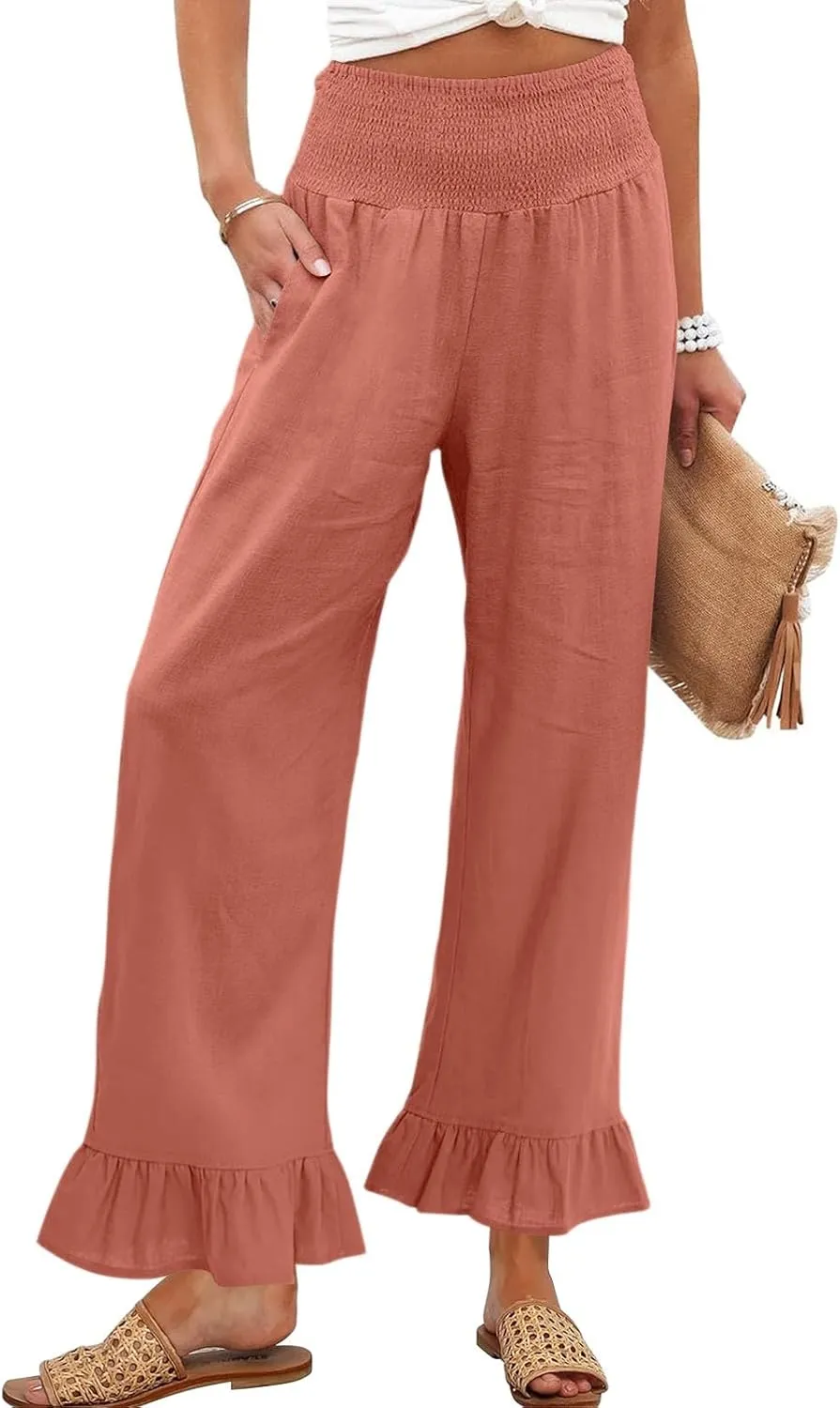 Women Linen Pants Summer Ruffle Wide Leg Pants Smocked Waist Palazzo Pant Boho Flowy Beach Pant with Pockets