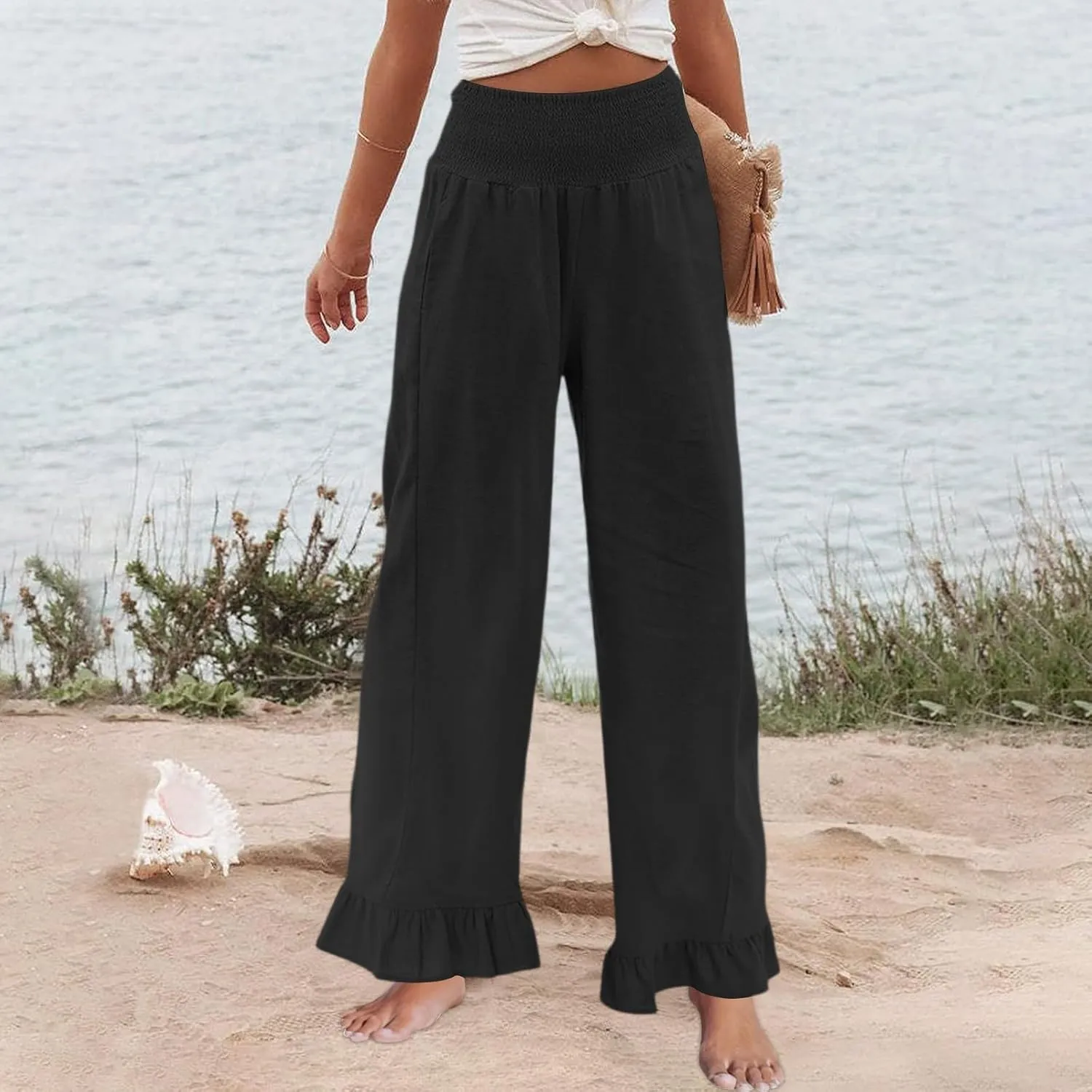 Women Linen Pants Summer Ruffle Wide Leg Pants Smocked Waist Palazzo Pant Boho Flowy Beach Pant with Pockets
